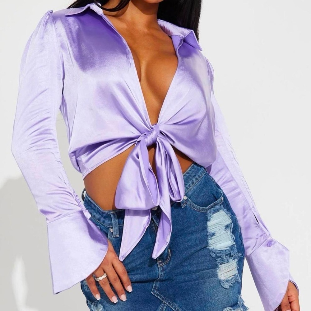 Hers & Mine purple satin front tie ruffle sleeve blouse